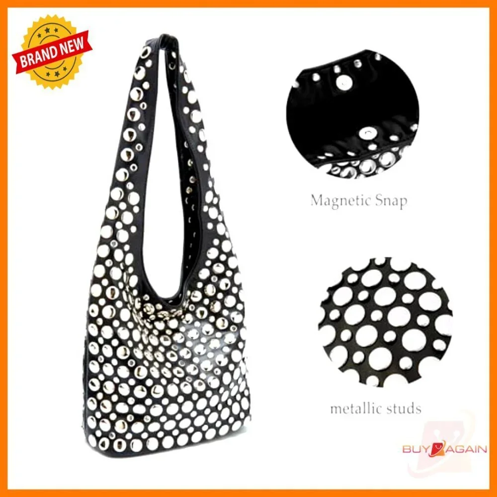 Studded Hobo Shoulder Bag PU Leather Small Tote Magnetic Closure